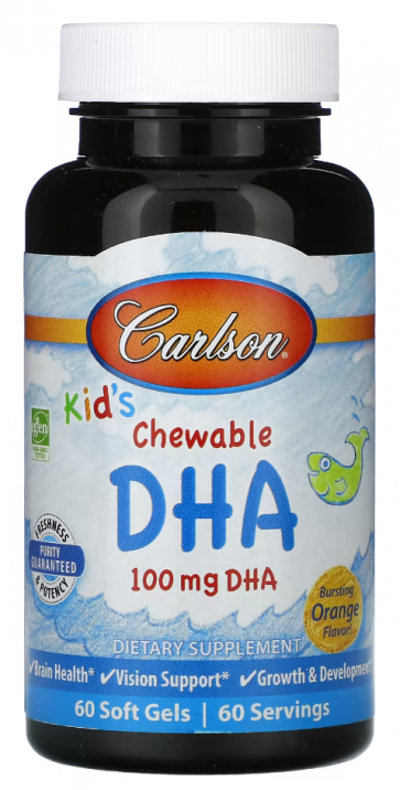 Carlson, Kid's Chewable DHA, Bursting Orange, 100 mg, 60 Soft Gels